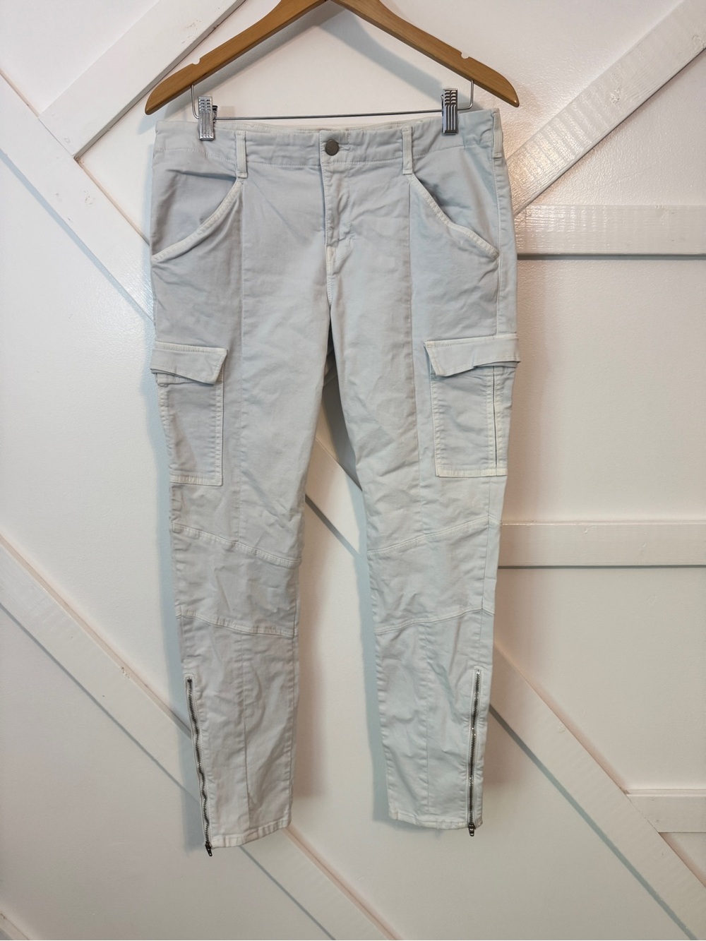 J Brand Houlihan Zip Ankle Skinny Mid Rise Cargo Ankle Pants White Blue Sz 32